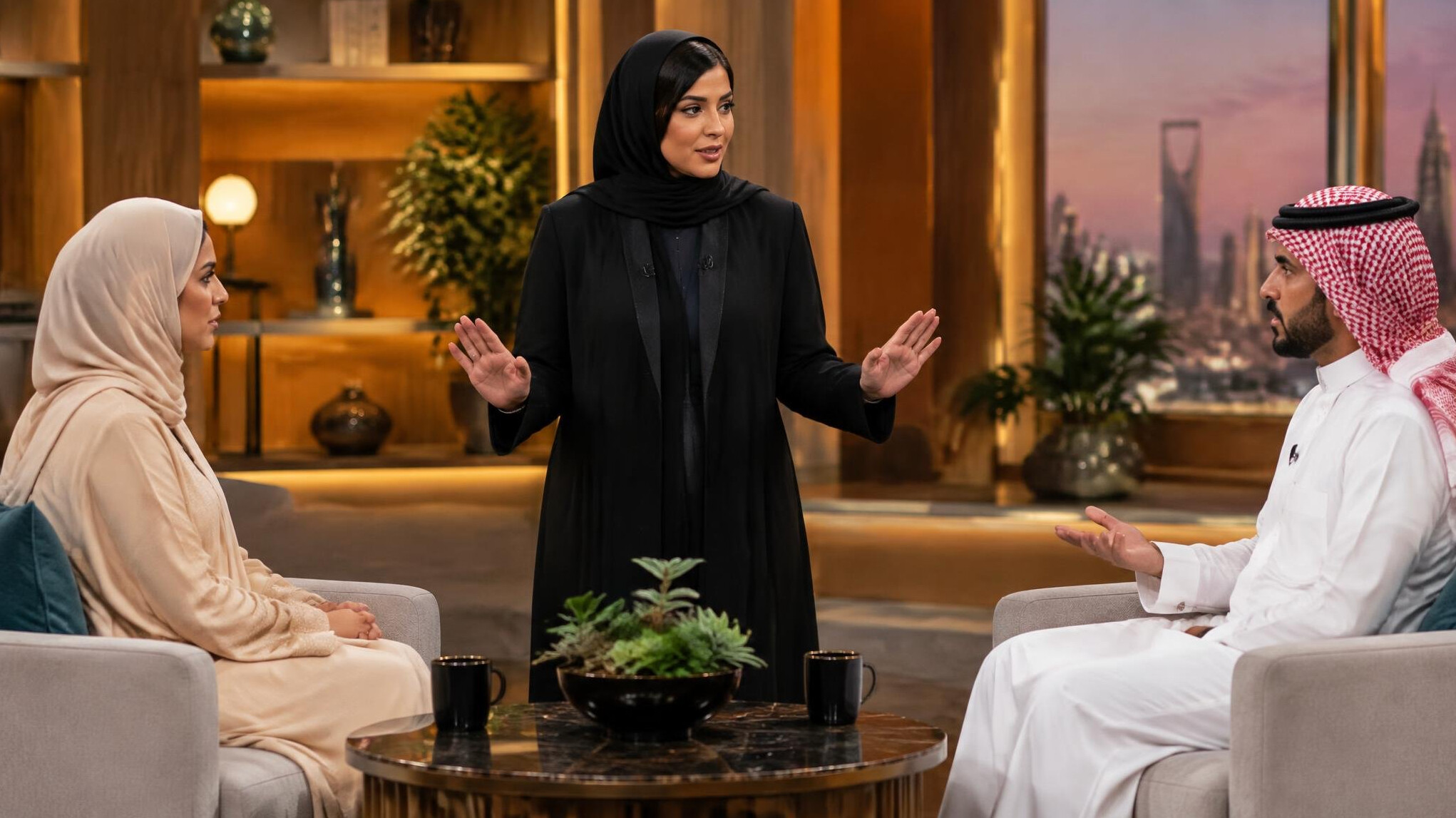 Journalist mediating a discussion between two guests on set