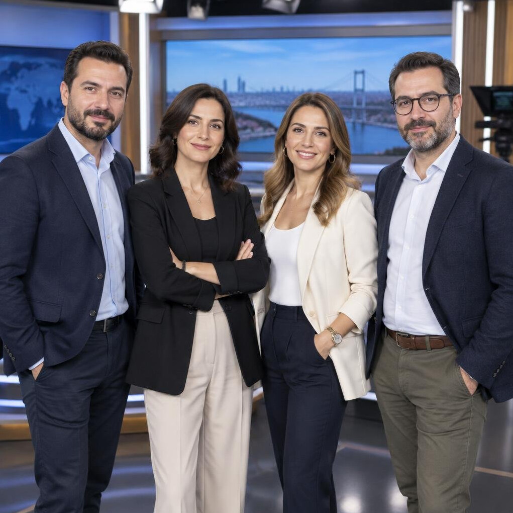 Team of Turkish media consultants standing together in a studio