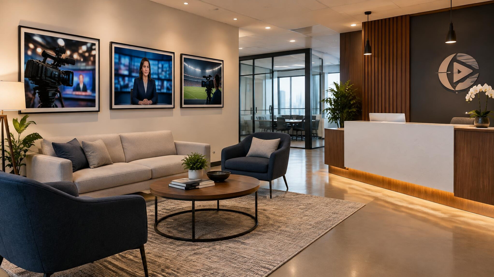 Modern media office reception area with soft lighting